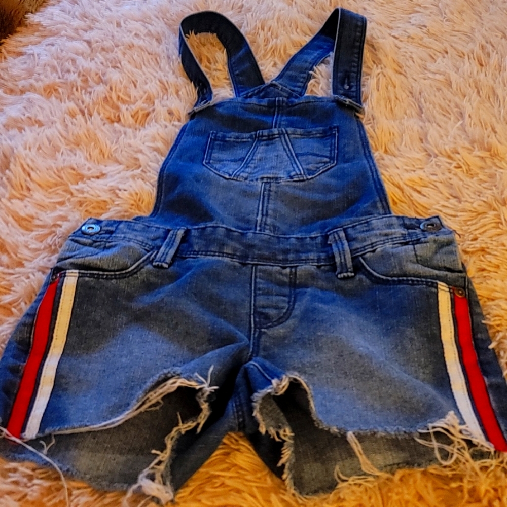Arizona girls overalls denim with withe and red stripes on the side